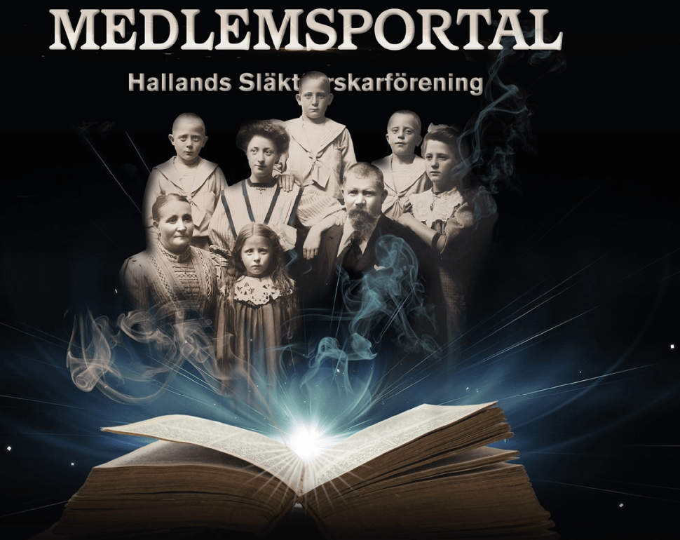 Hallands Släktforskare Medlemsportal Historiskt familjeporträtt ovanför en uppslagen bok med magiskt ljus